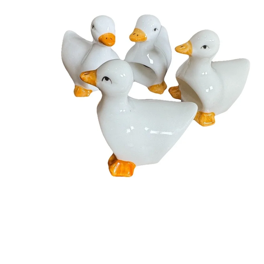 4 Adorable Vtg Cottage Core Ceramic White Duck Goose Geese Napkin‎ Rings Holders